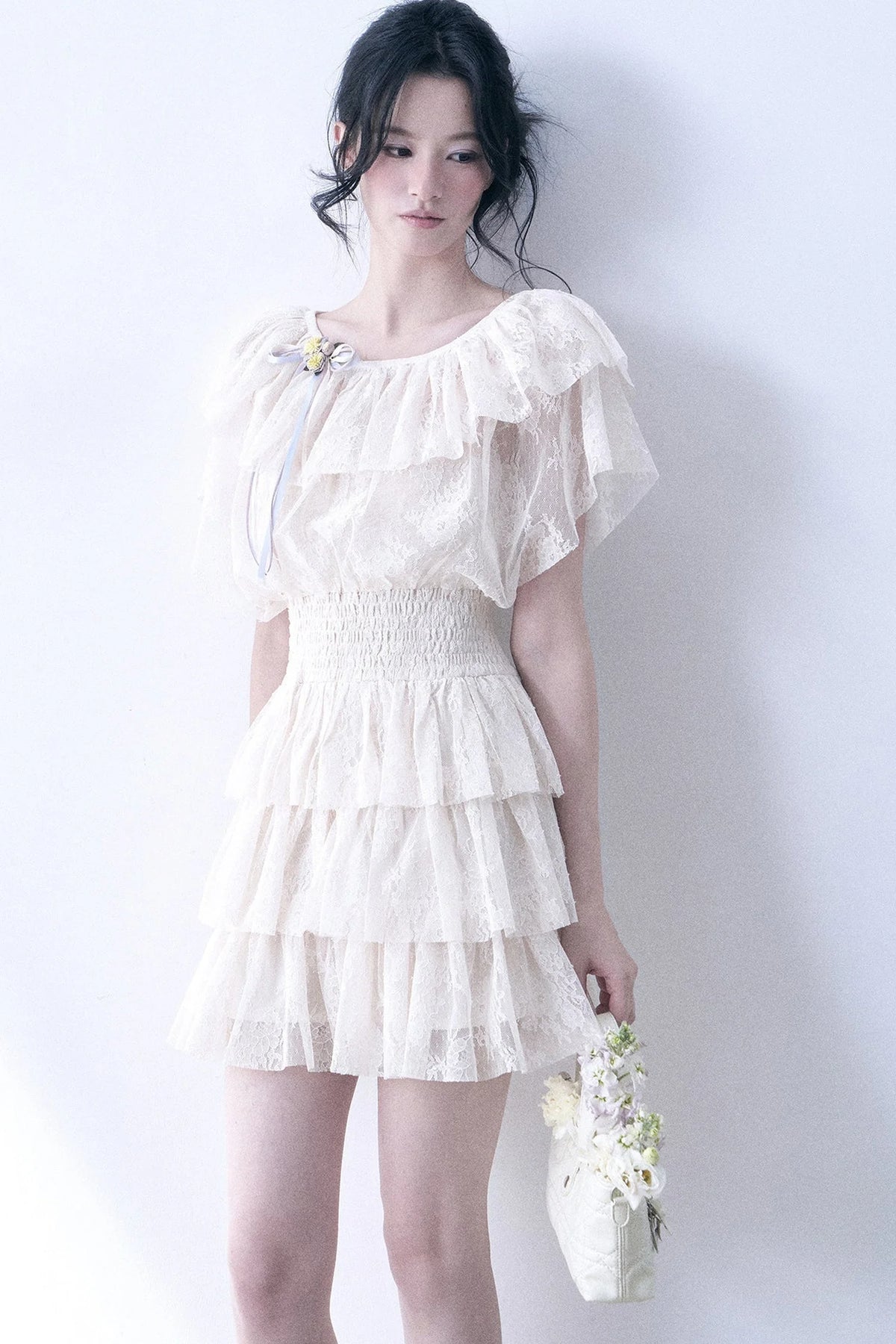Layered Lace Ruffle Flutter Sleeve Tiered Dress