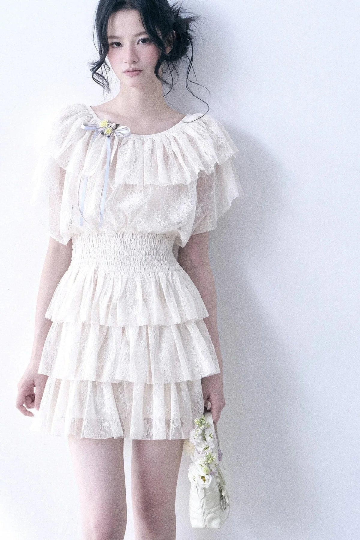 Layered Lace Ruffle Flutter Sleeve Tiered Dress