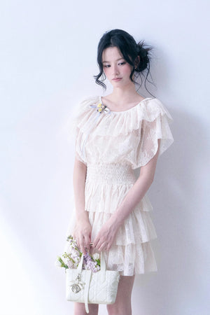 Layered Lace Ruffle Flutter Sleeve Tiered Dress