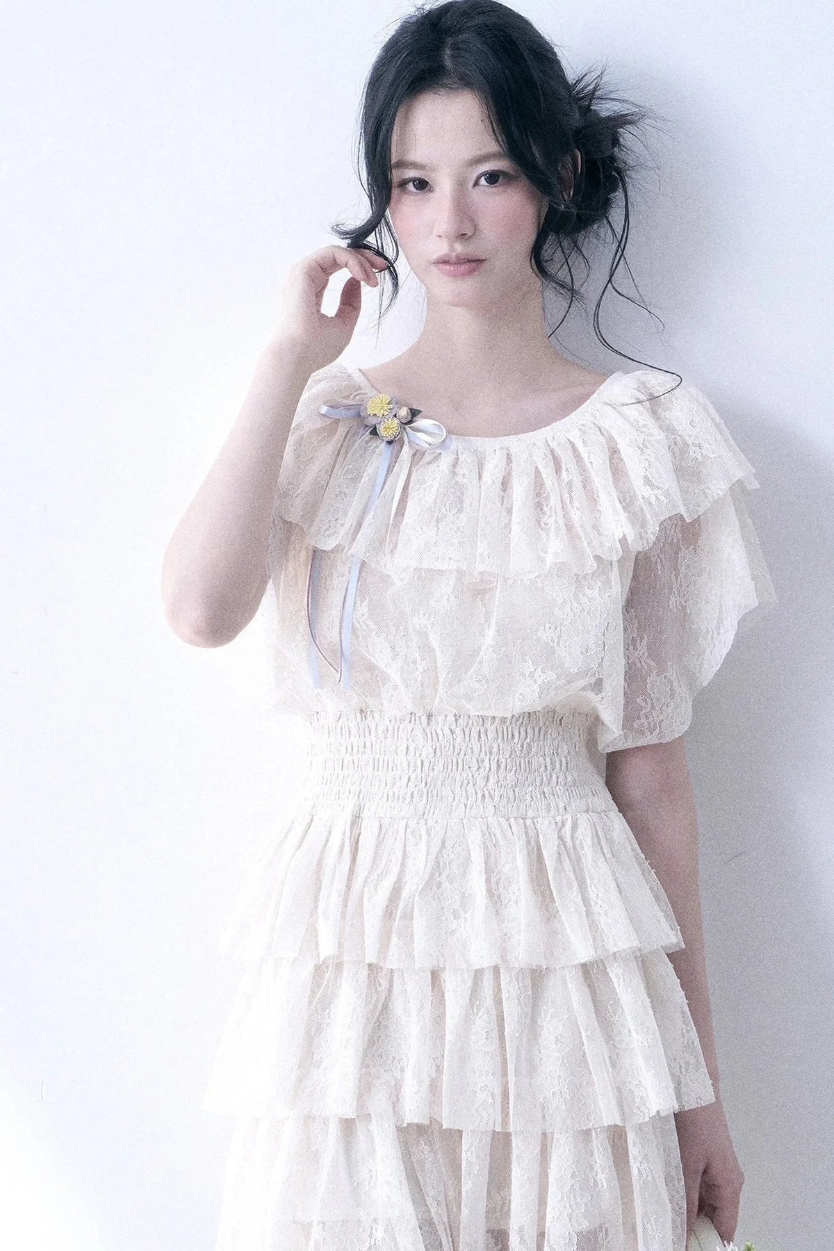 Layered Lace Ruffle Flutter Sleeve Tiered Dress