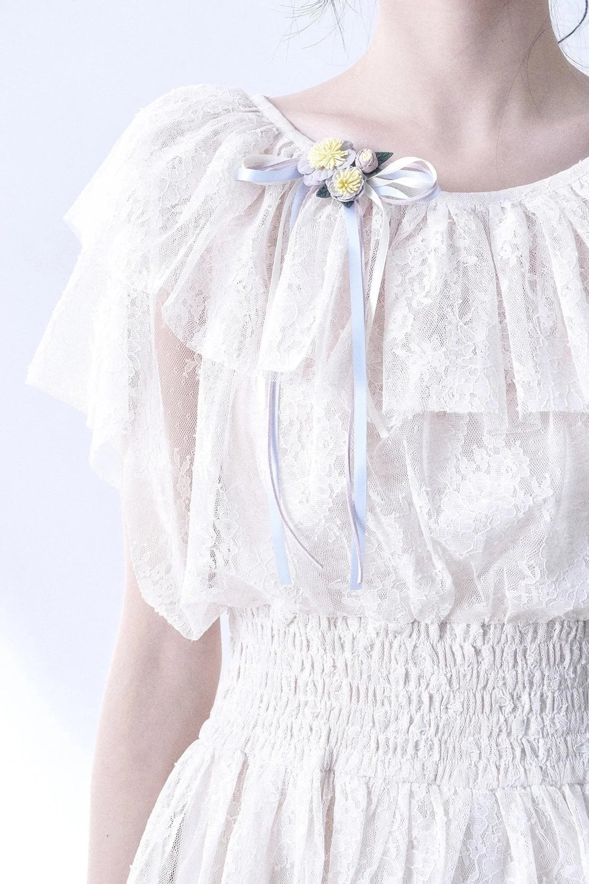 Layered Lace Ruffle Flutter Sleeve Tiered Dress