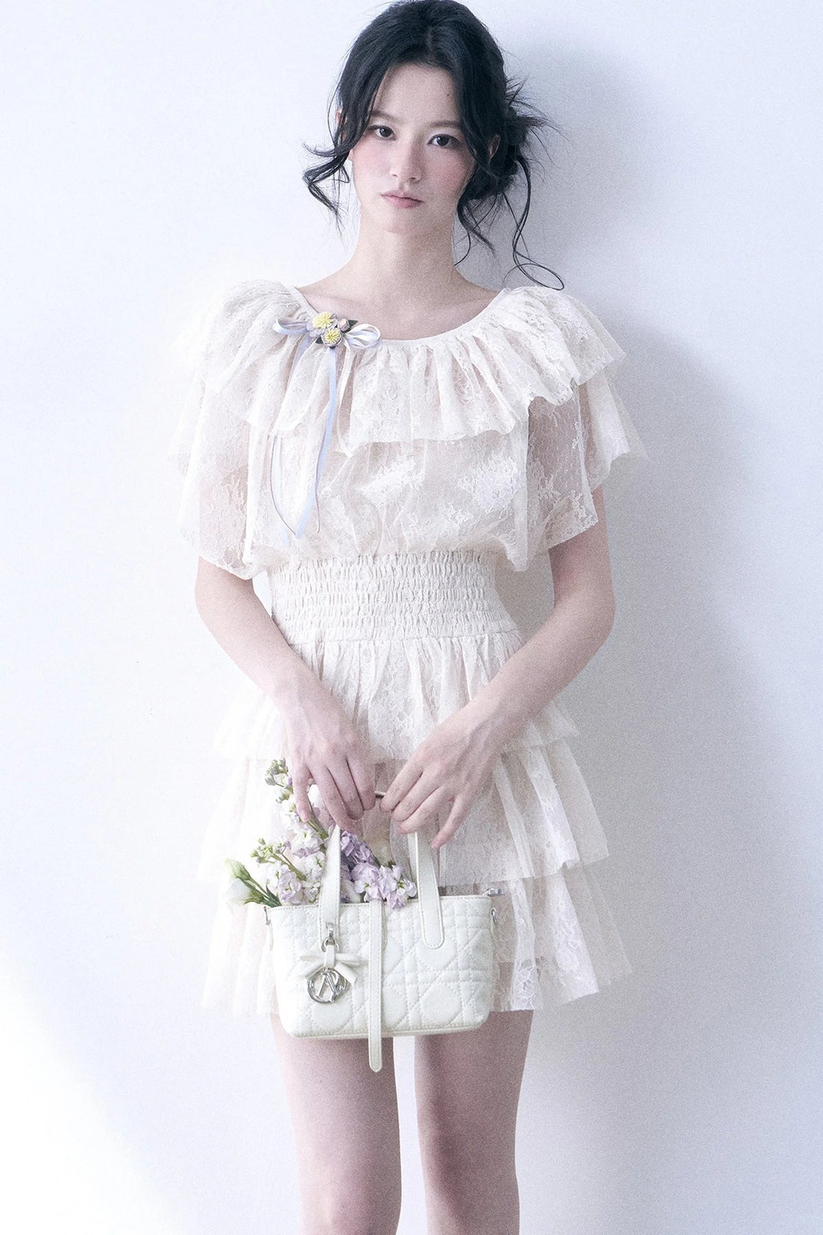 Layered Lace Ruffle Flutter Sleeve Tiered Dress