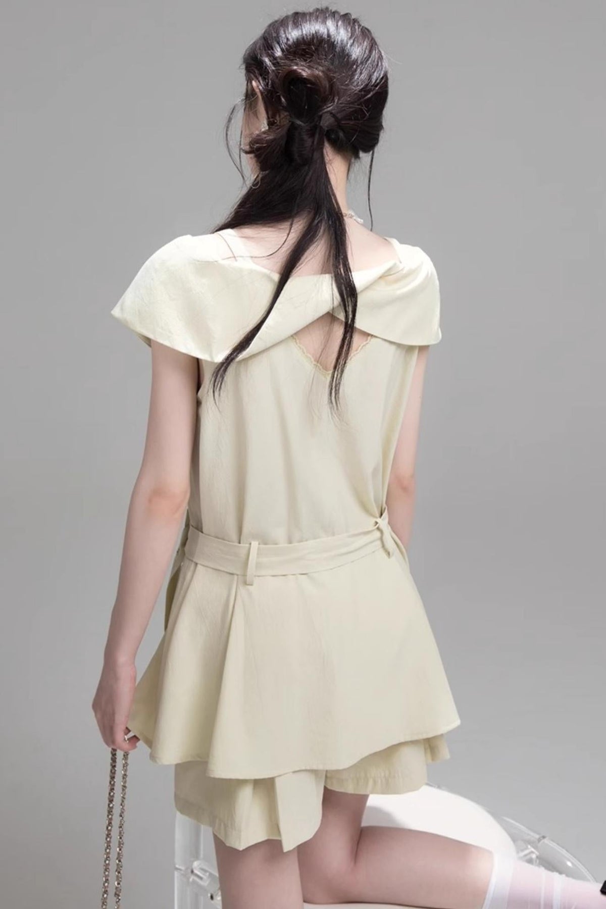 Layered Lime Green Belted Shirt & Pleated Shorts Set