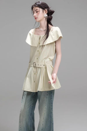 Layered Lime Green Belted Shirt & Pleated Shorts Set