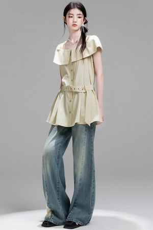 Layered Lime Green Belted Shirt & Pleated Shorts Set