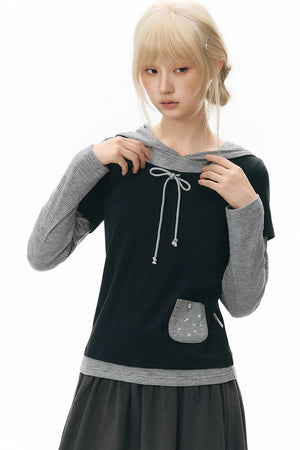 Layered-Look Hooded Long-Sleeve Top
