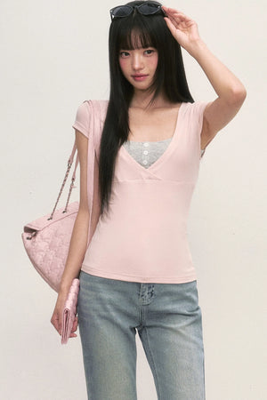 Layered-Look Pink V-Neck Top and Striped Camisole Set