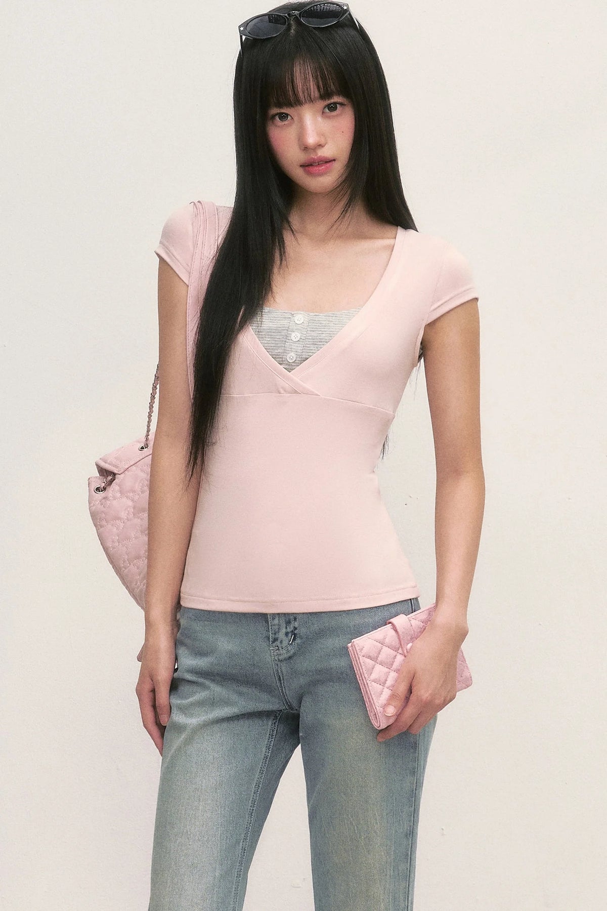 Layered-Look Pink V-Neck Top and Striped Camisole Set