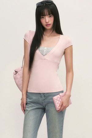 Layered-Look Pink V-Neck Top and Striped Camisole Set
