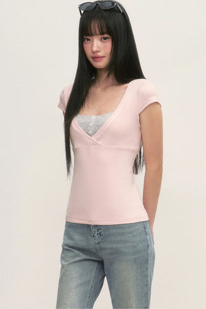 Layered-Look Pink V-Neck Top and Striped Camisole Set