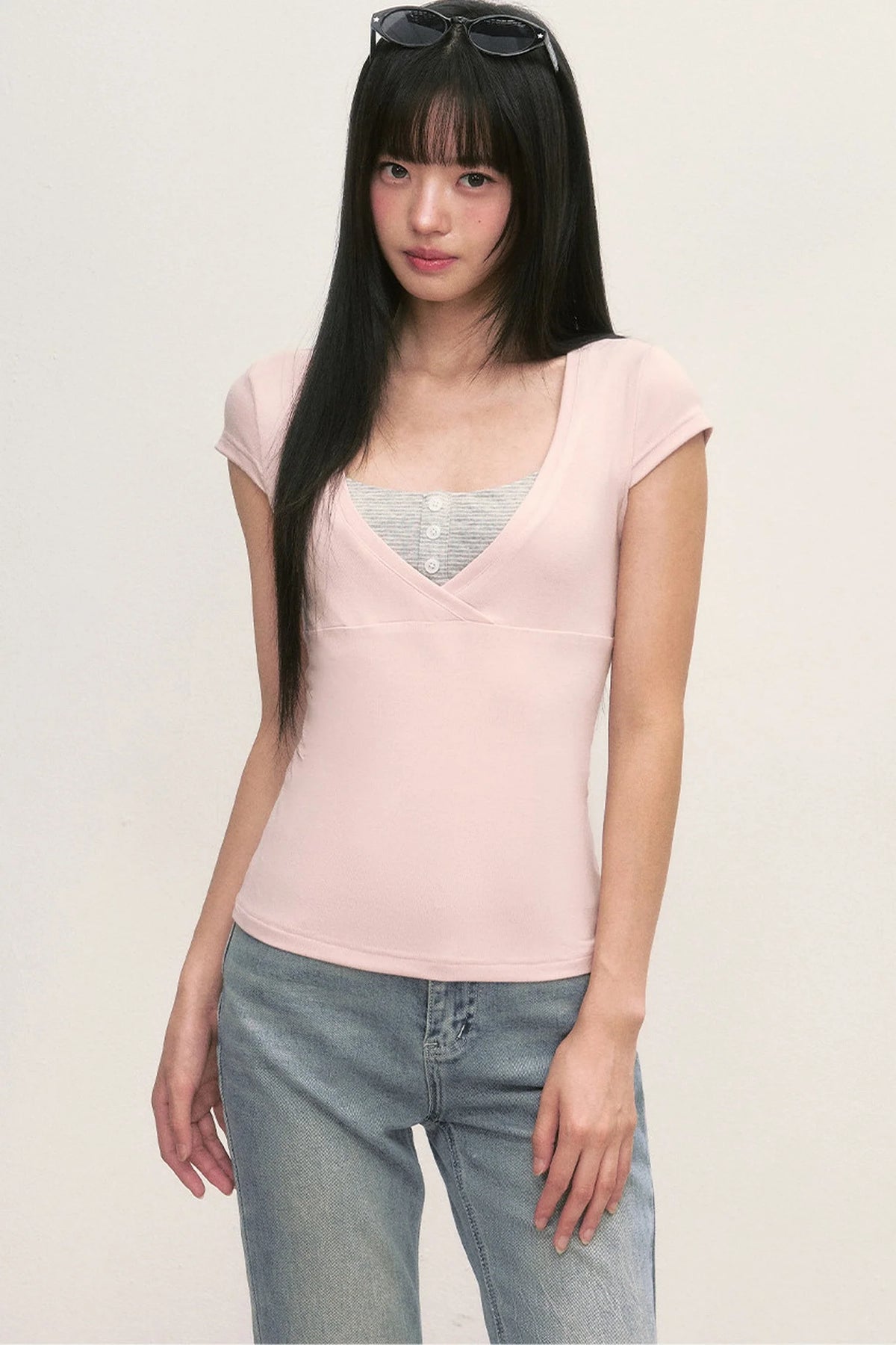 Layered-Look Pink V-Neck Top and Striped Camisole Set
