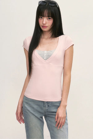 Layered-Look Pink V-Neck Top and Striped Camisole Set