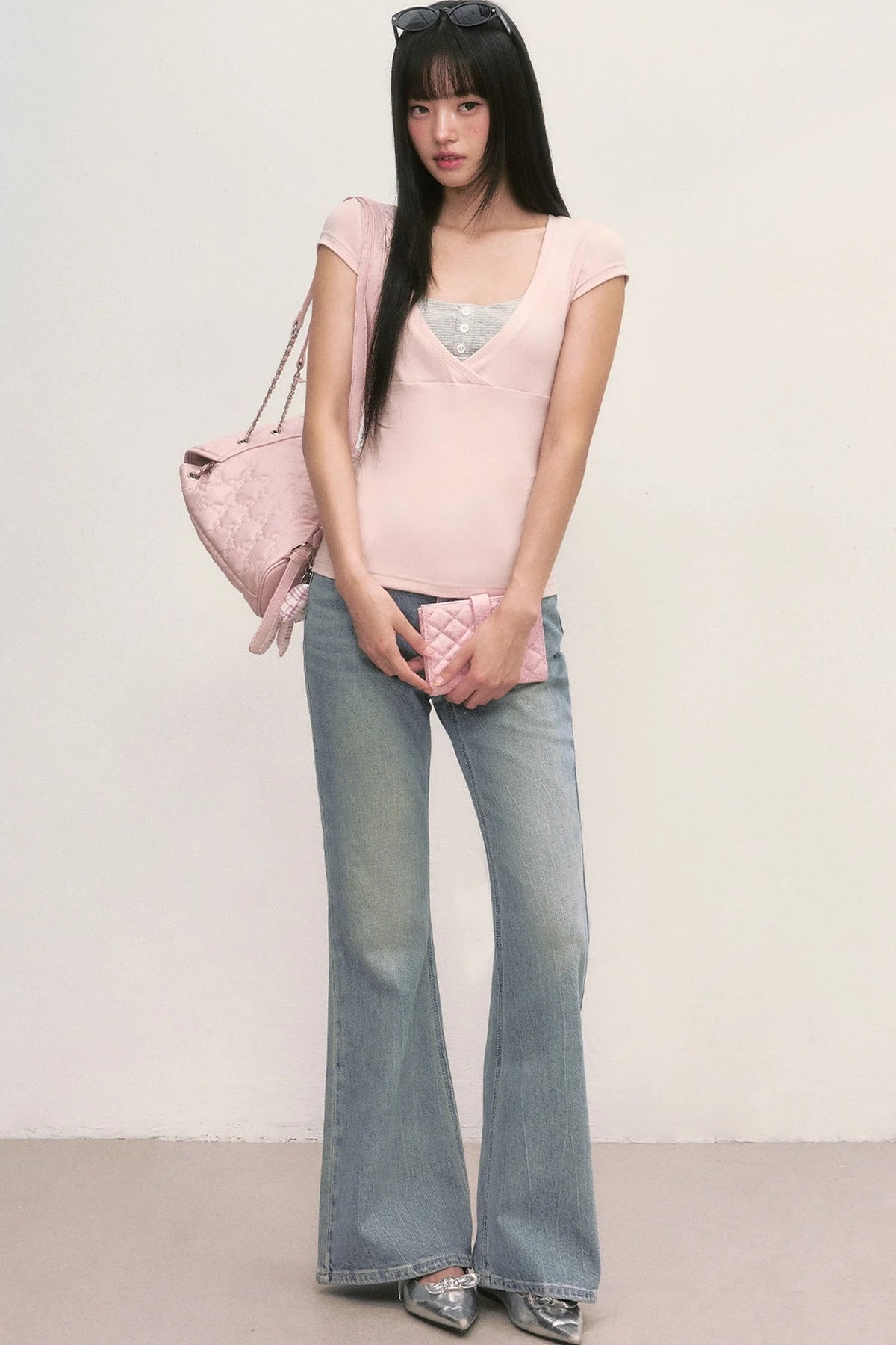 Layered-Look Pink V-Neck Top and Striped Camisole Set