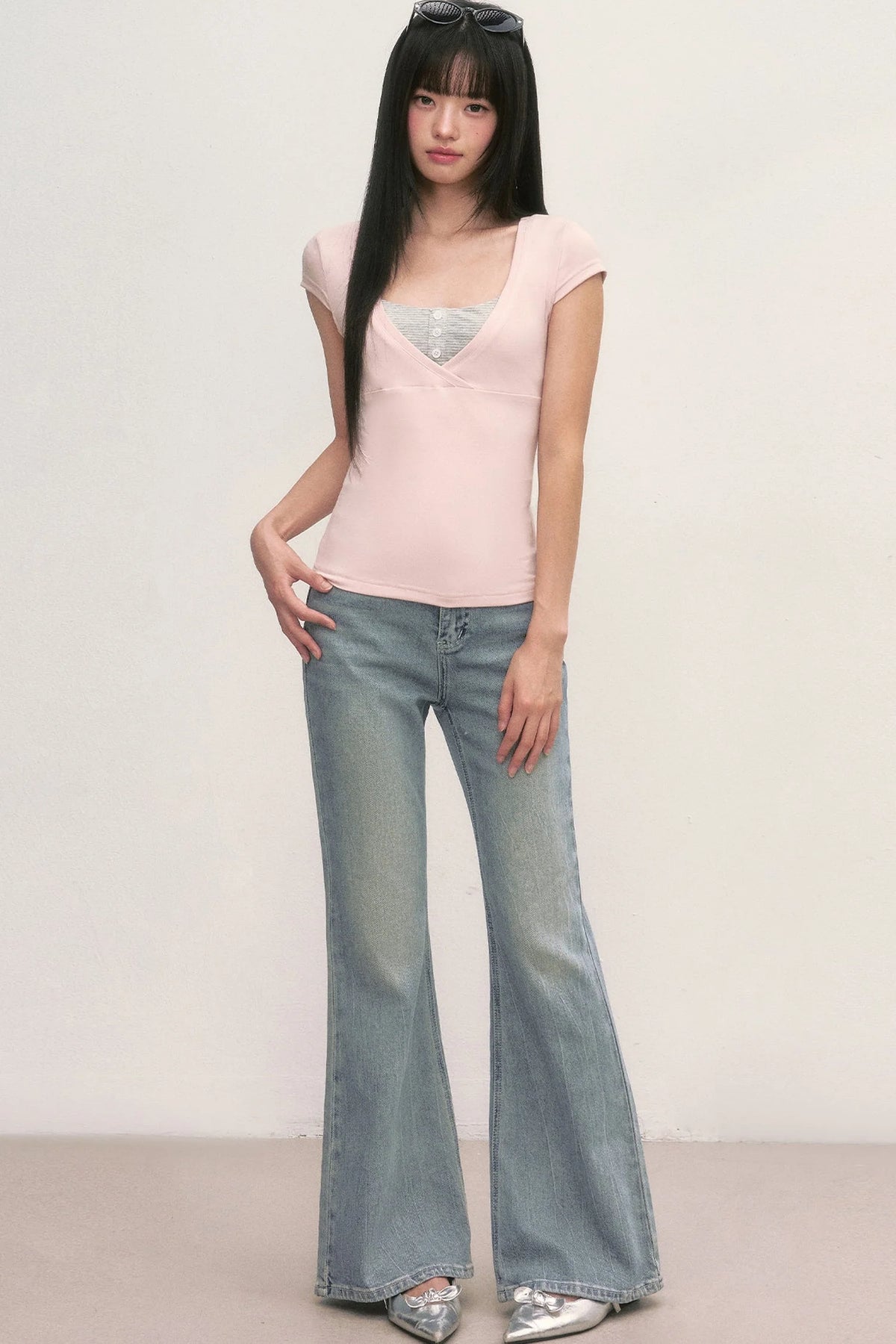Layered-Look Pink V-Neck Top and Striped Camisole Set