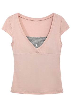 Layered-Look Pink V-Neck Top and Striped Camisole Set