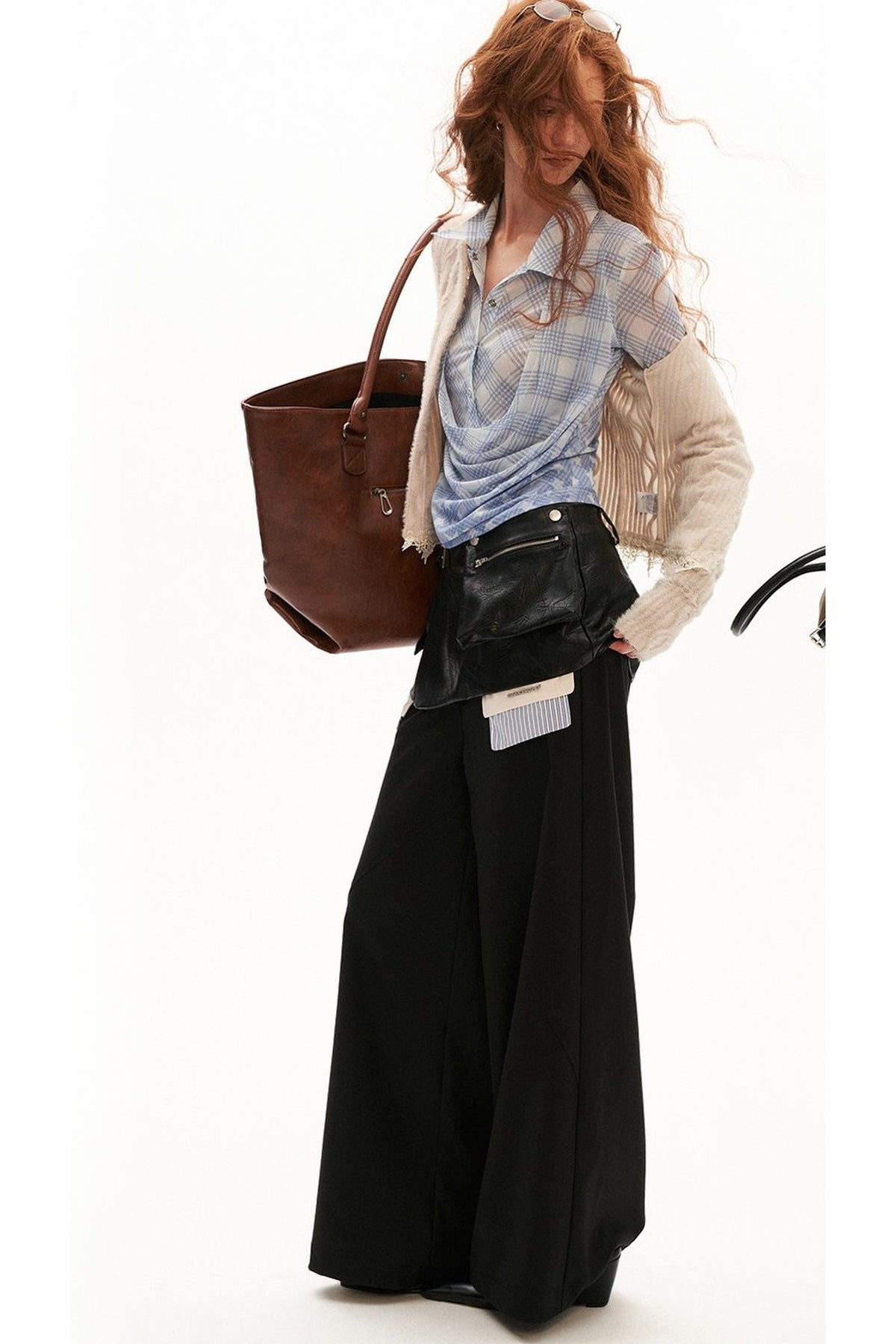 Layered-Look Plaid Long-Sleeve Blouse