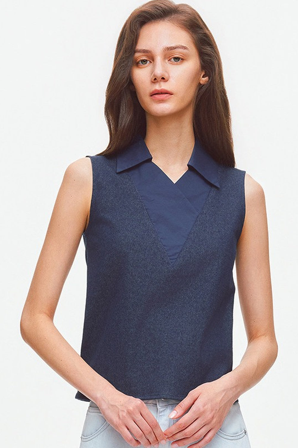 Layered-Look Polo Collar Sleeveless Top