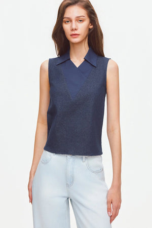Layered-Look Polo Collar Sleeveless Top