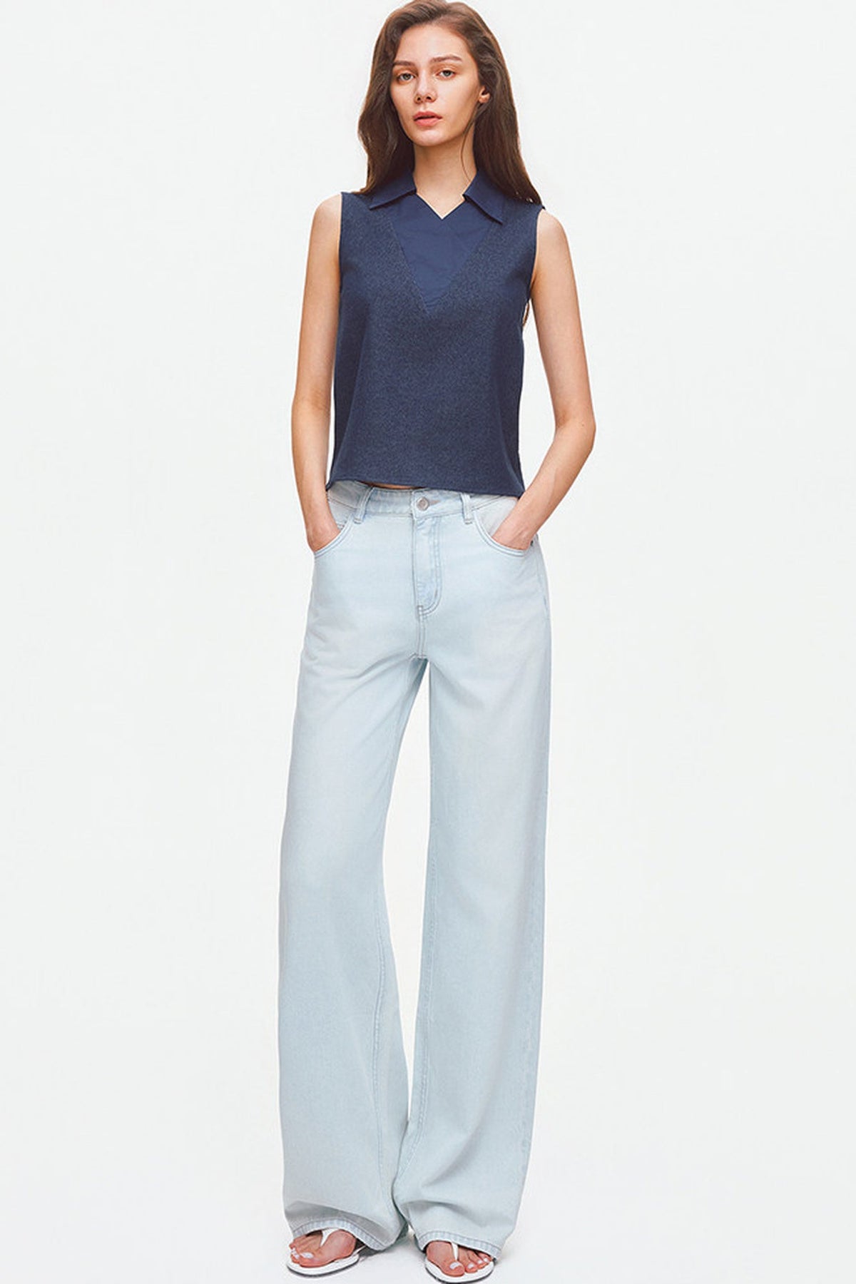 Layered-Look Polo Collar Sleeveless Top