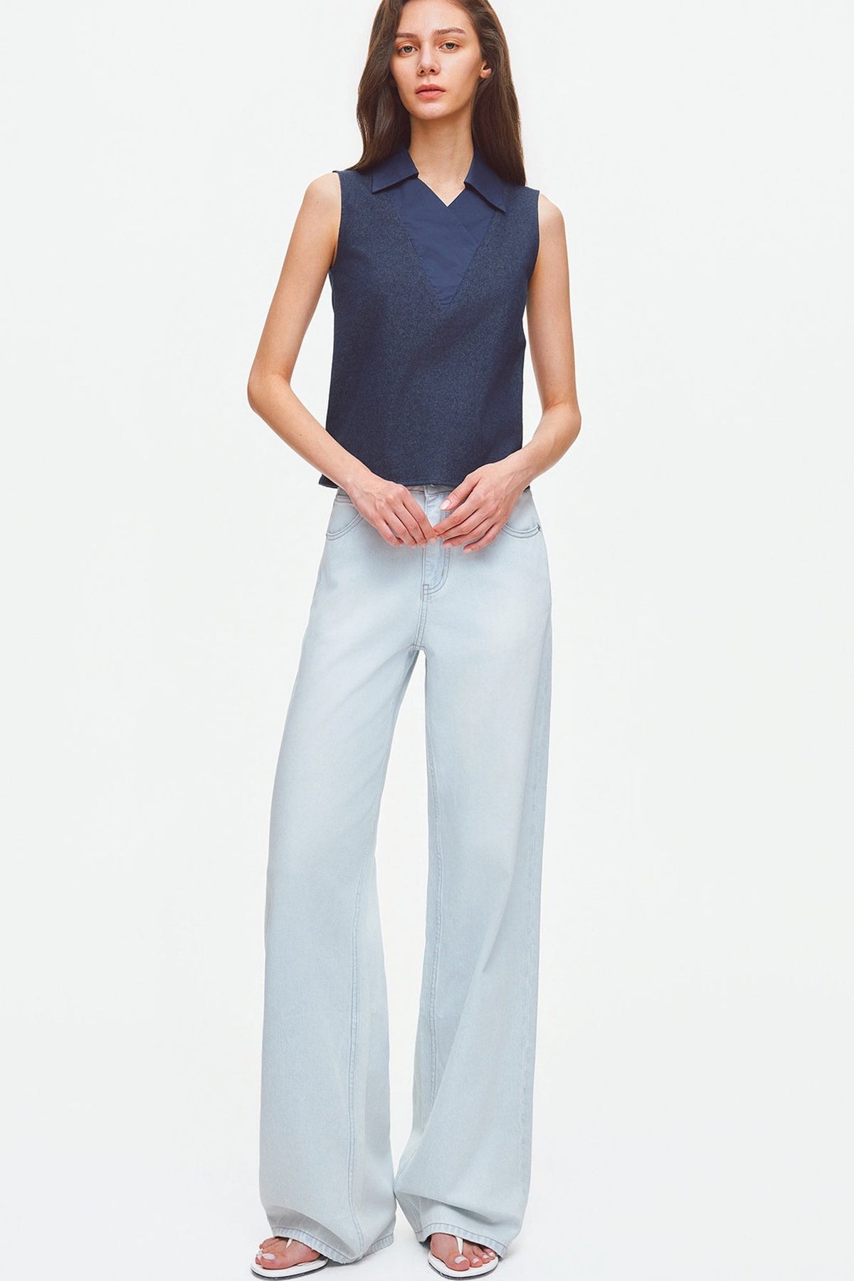 Layered-Look Polo Collar Sleeveless Top