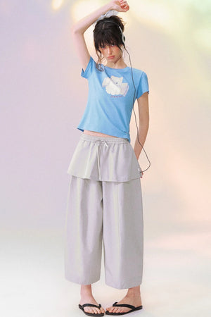 Layered-Look Skirt Overlay Wide Pants