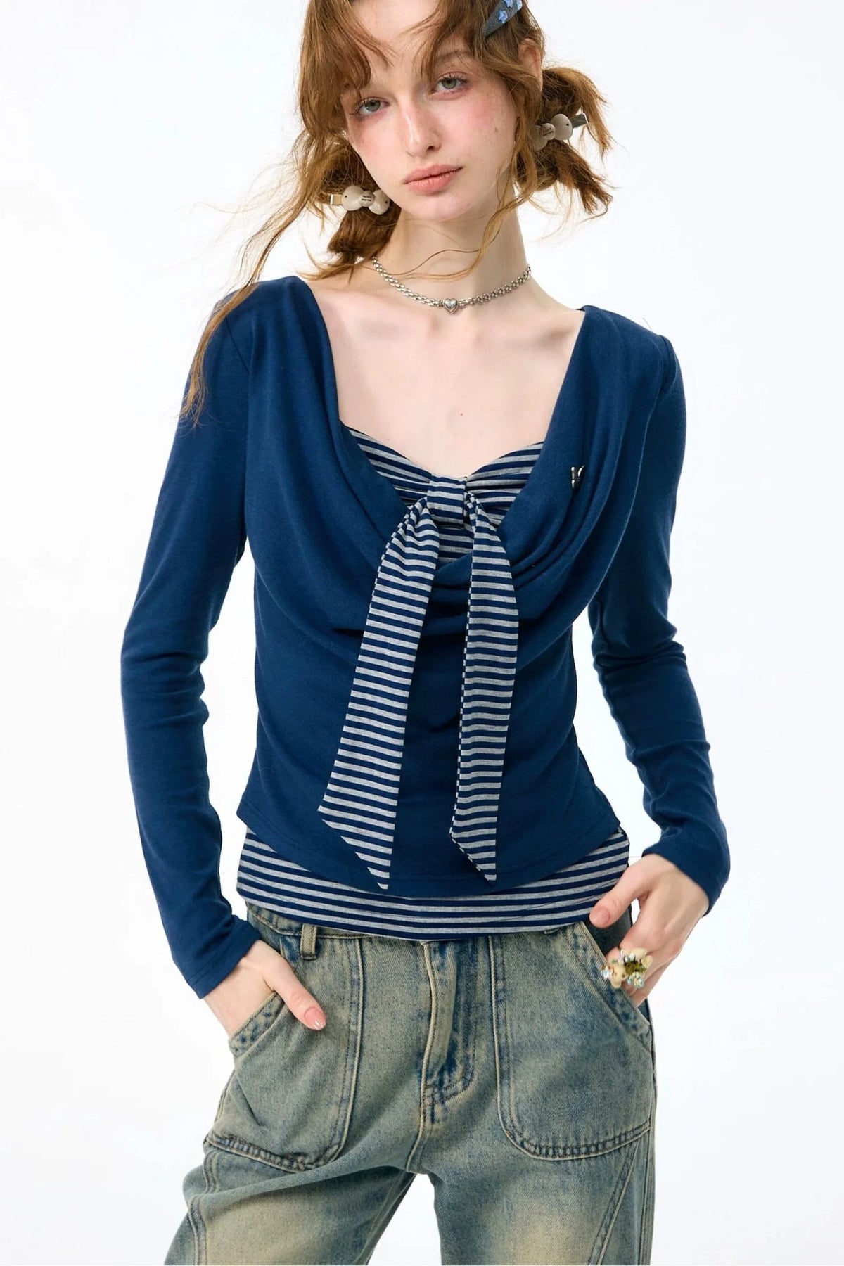 Layered-Look Striped Tie Knit Top