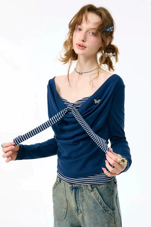 Layered-Look Striped Tie Knit Top