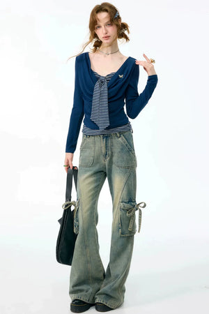 Layered-Look Striped Tie Knit Top