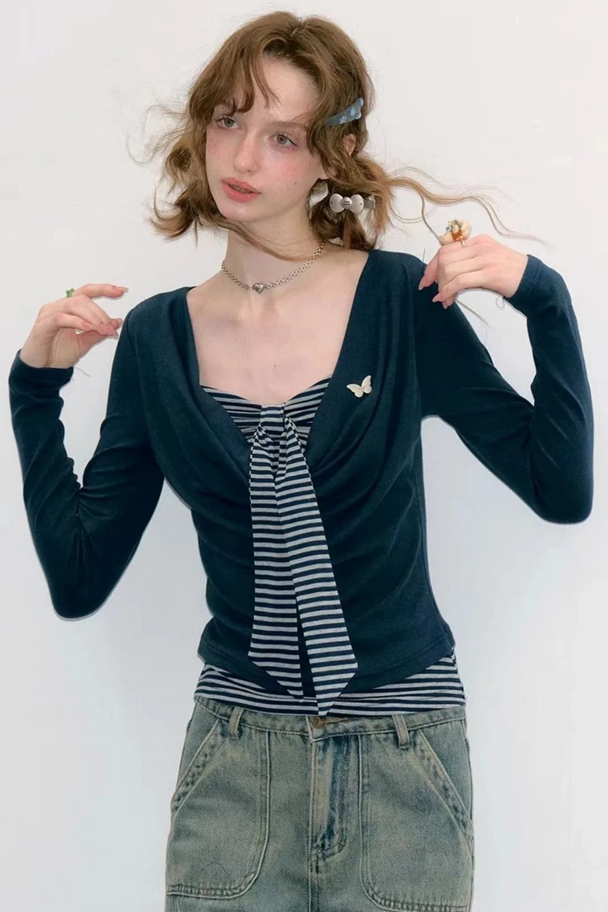 Layered-Look Striped Tie Knit Top