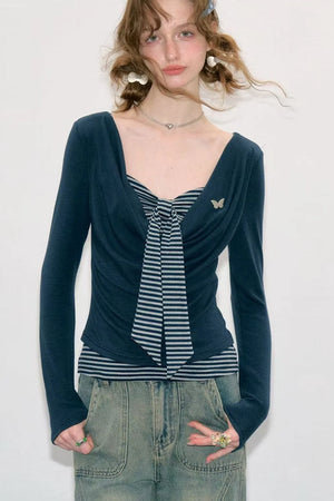 Layered-Look Striped Tie Knit Top