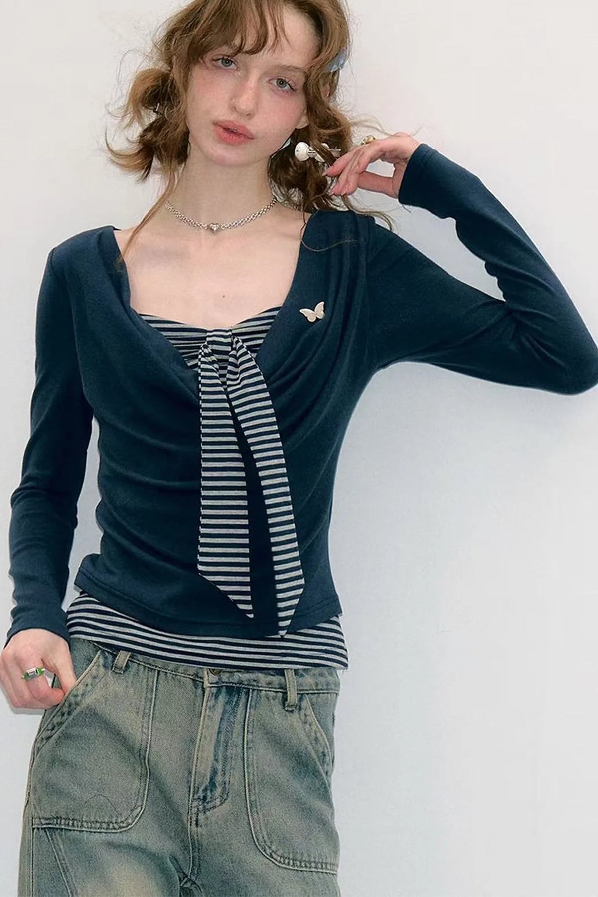 Layered-Look Striped Tie Knit Top
