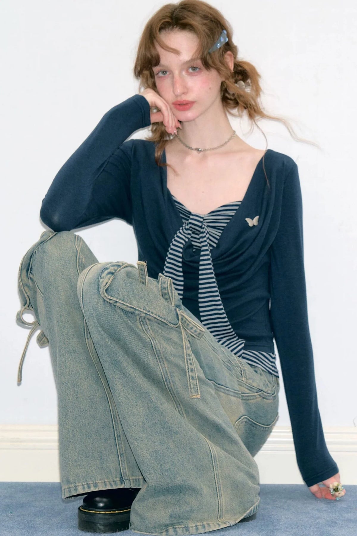 Layered-Look Striped Tie Knit Top