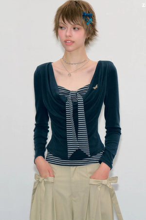 Layered-Look Striped Tie Knit Top