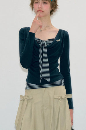Layered-Look Striped Tie Knit Top