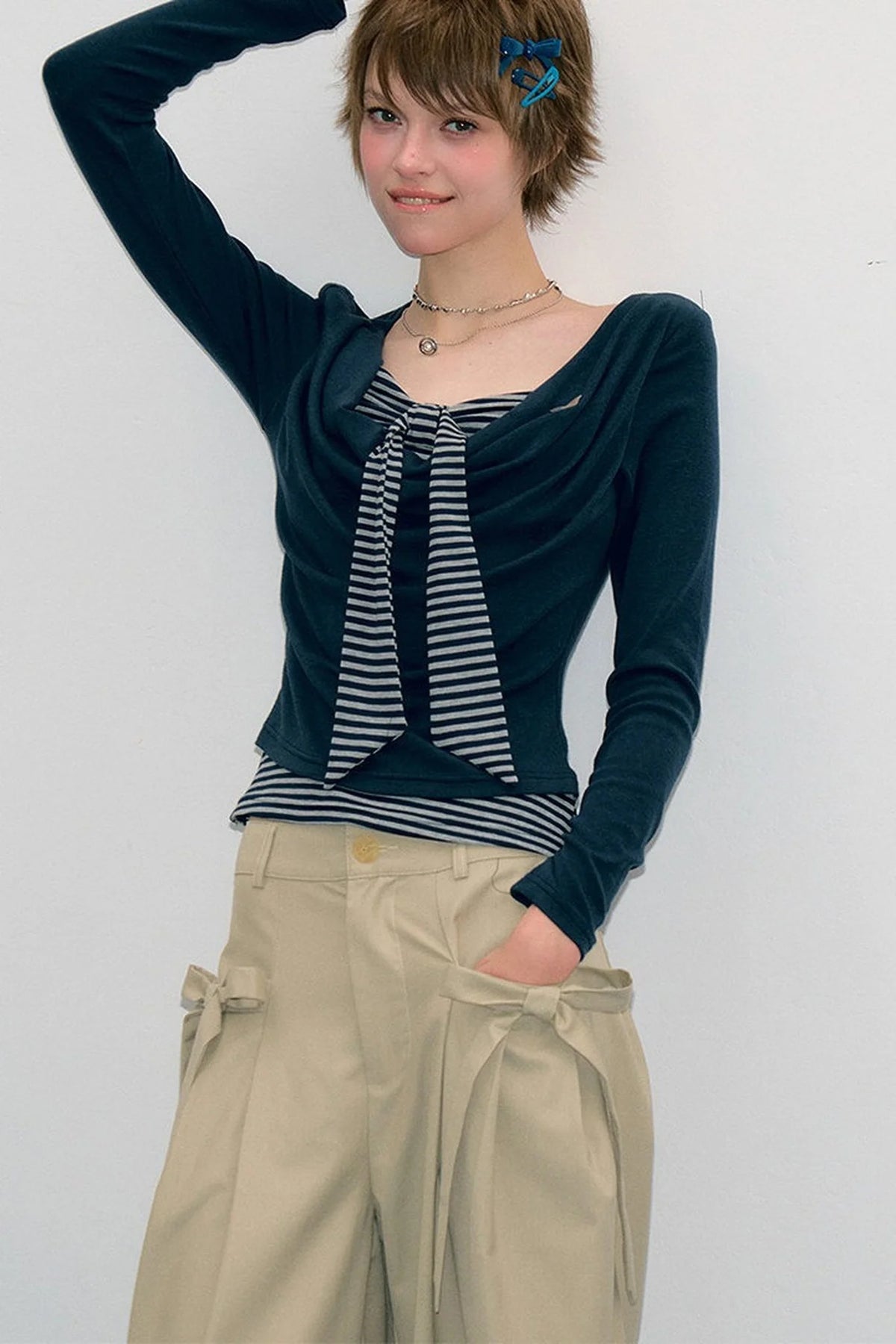 Layered-Look Striped Tie Knit Top