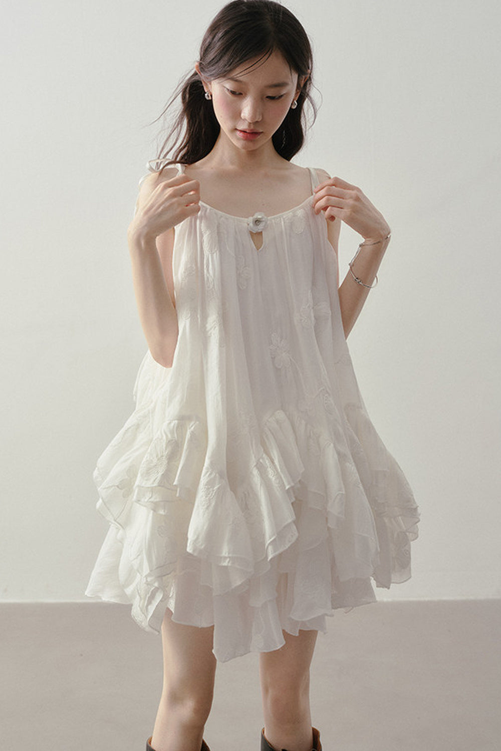 Layered Ruffle Embroidered Camisole Skirt Set-Up