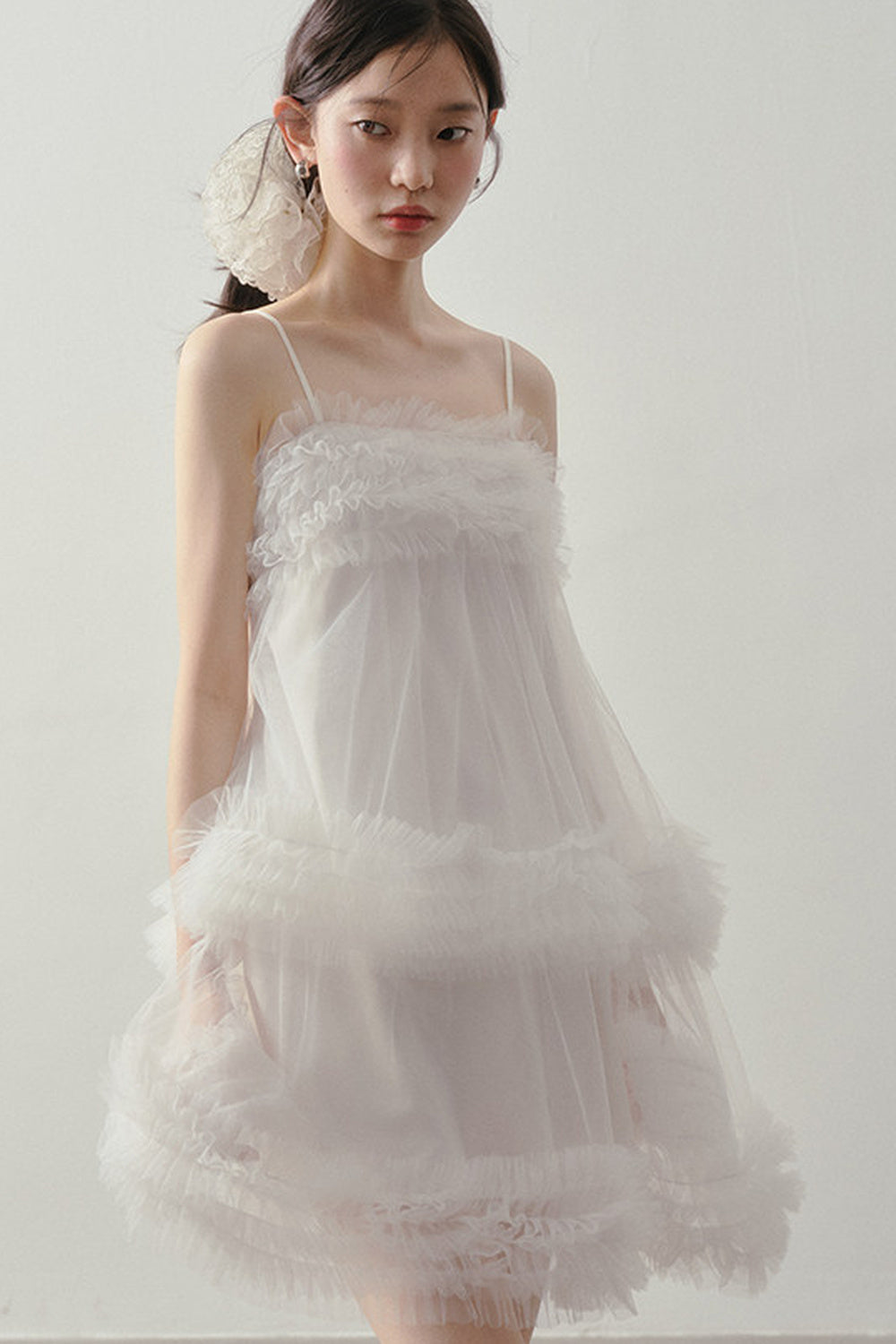 Layered Ruffle Mesh Suspender Dress