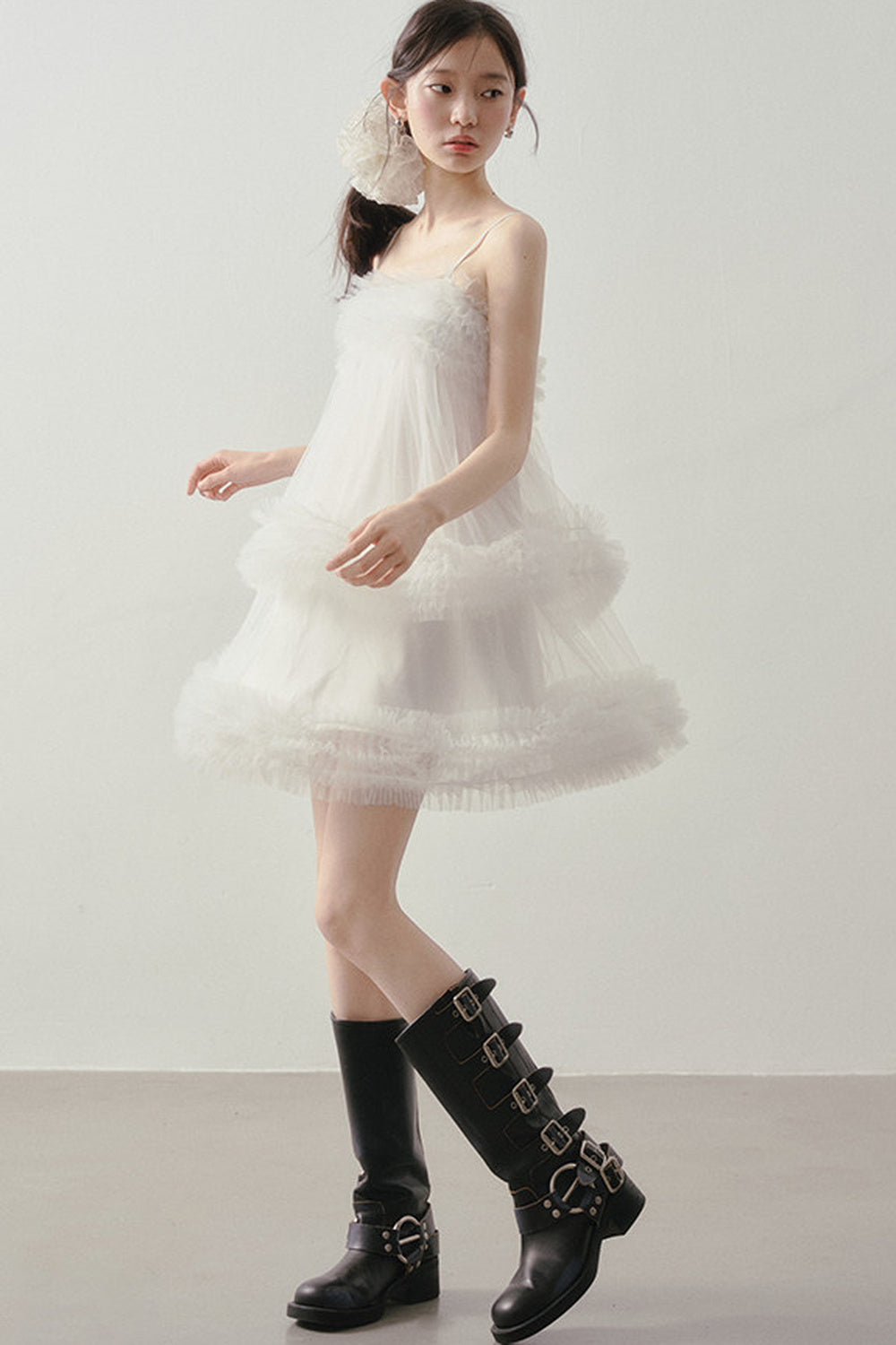 Layered Ruffle Mesh Suspender Dress