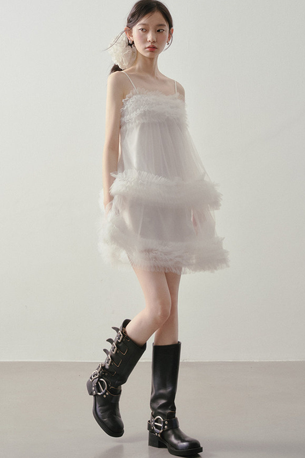 Layered Ruffle Mesh Suspender Dress