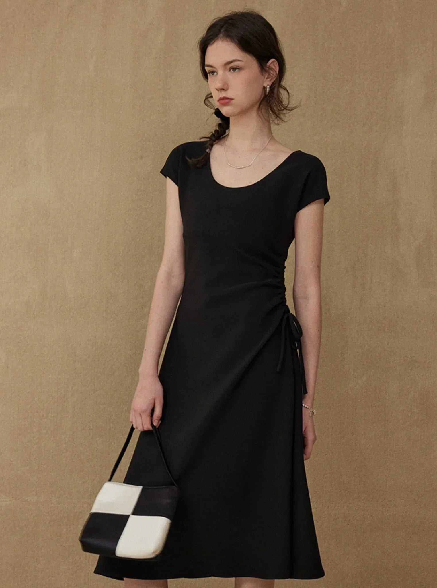Lazy UV Neck Drawstring Drape Dress