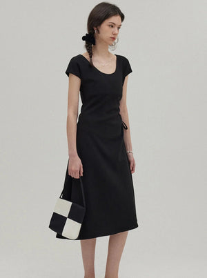 Lazy UV Neck Drawstring Drape Dress