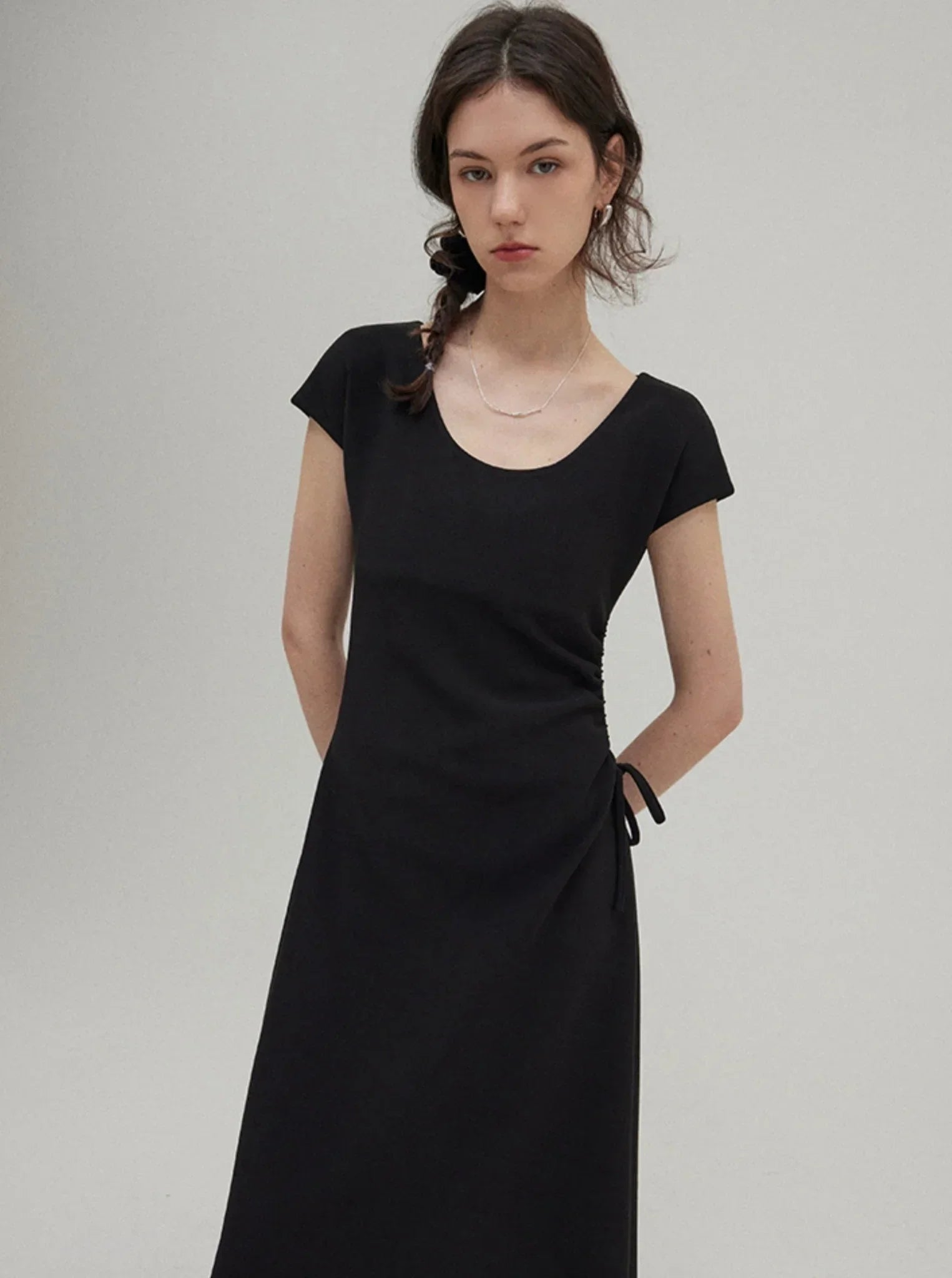 Lazy UV Neck Drawstring Drape Dress