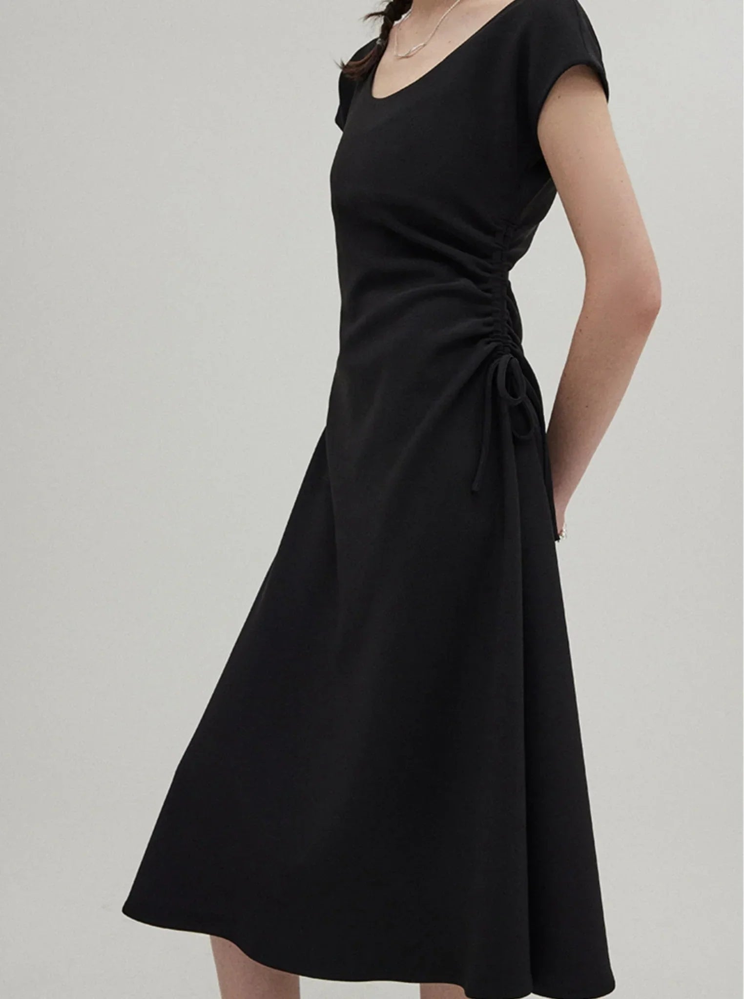 Lazy UV Neck Drawstring Drape Dress