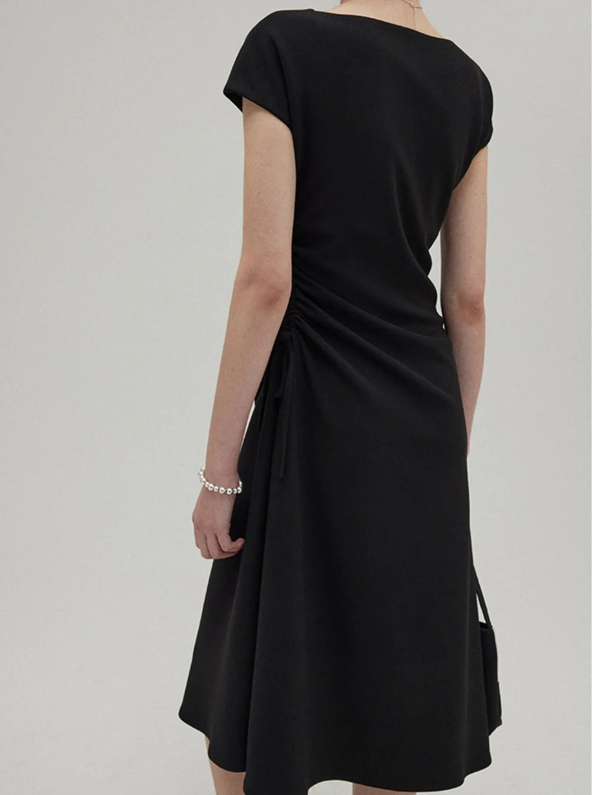 Lazy UV Neck Drawstring Drape Dress