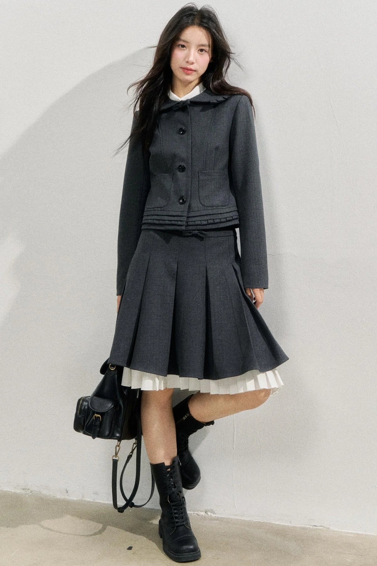 Lead Grey Preppy Blazer Skirt Set-Up