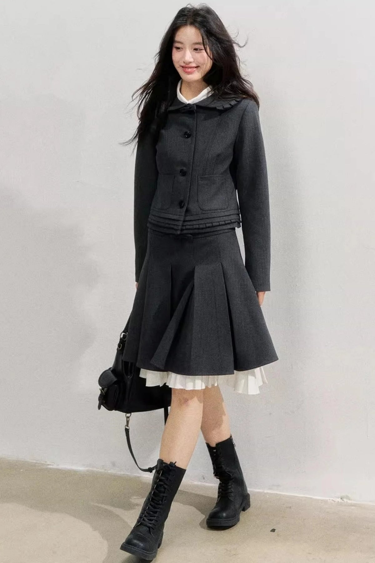 Lead Grey Preppy Blazer Skirt Set-Up