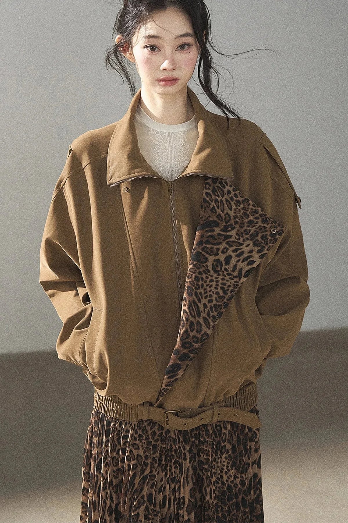 Leopard Lined Faux Suede Trench Coat