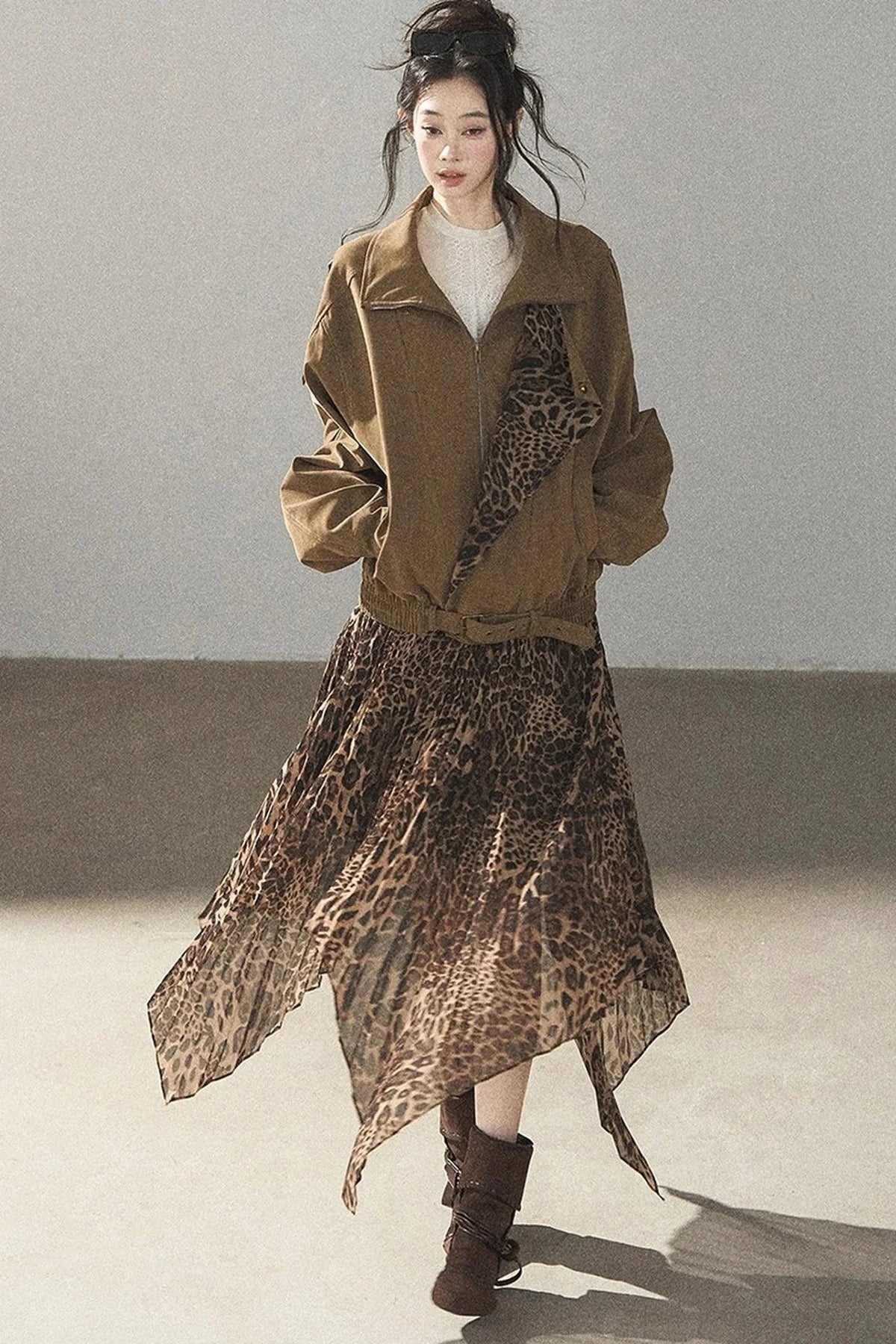 Leopard Lined Faux Suede Trench Coat