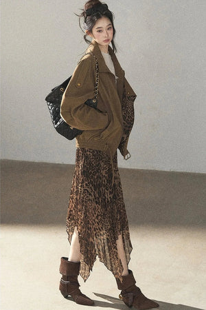 Leopard Lined Faux Suede Trench Coat