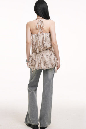 Leopard Print Chiffon Halter Neck Off-Shoulder Top